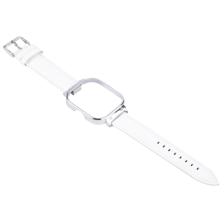 For Redmi Watch 4 Metal Silver Frame Genuine Leather Watch Band(White)
