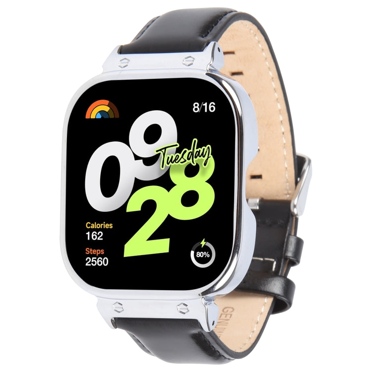For Redmi Watch 4 Metal Silver Frame Genuine Leather Watch Band(Black) - free shipping - PMc TechLife - Order now!
