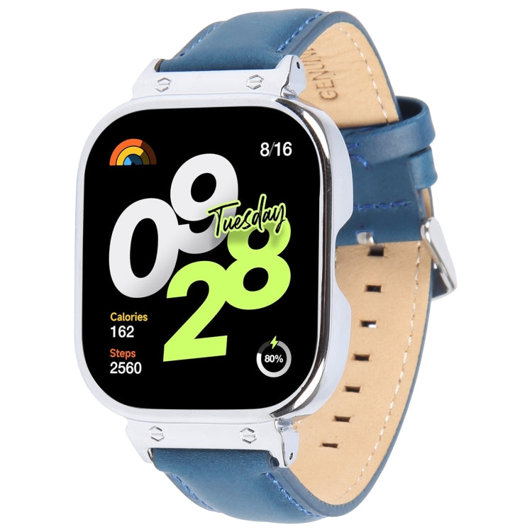 For Redmi Watch 4 Metal Silver Frame Genuine Leather Watch Band(Blue) - free shipping - PMc TechLife - Order now!