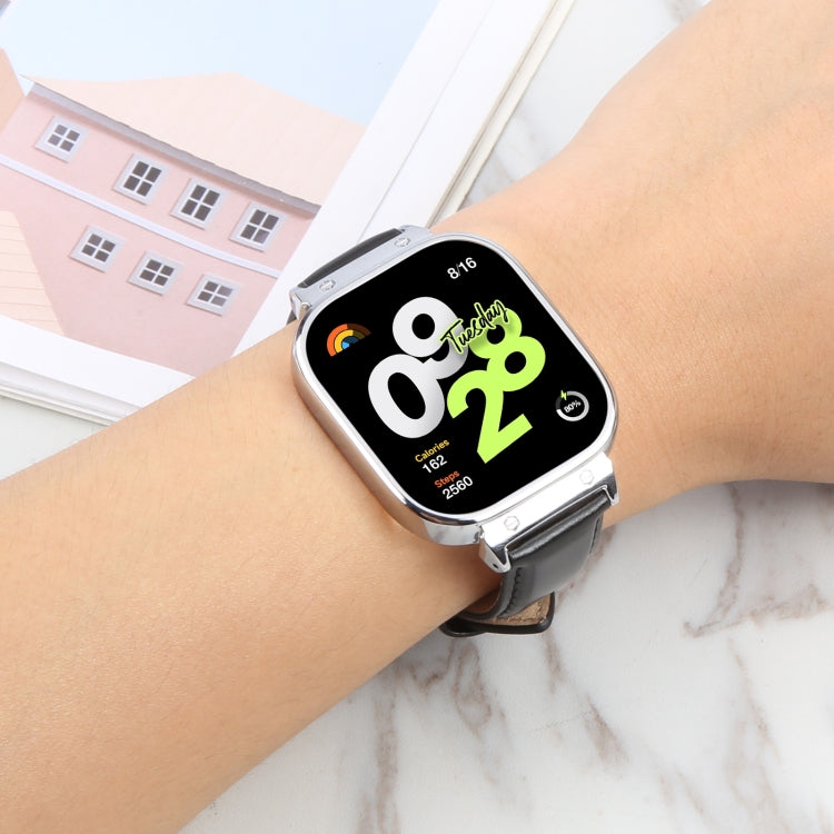 For Redmi Watch 4 Metal Silver Frame Genuine Leather Watch Band(Black) - free shipping - PMc TechLife - Order now!