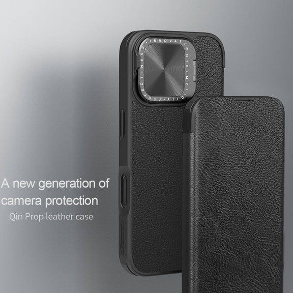 For iPhone 16 NILLKIN Qin Prop Series Flip Camera Cover Design Leather Phone Case(Plain Leather Black)