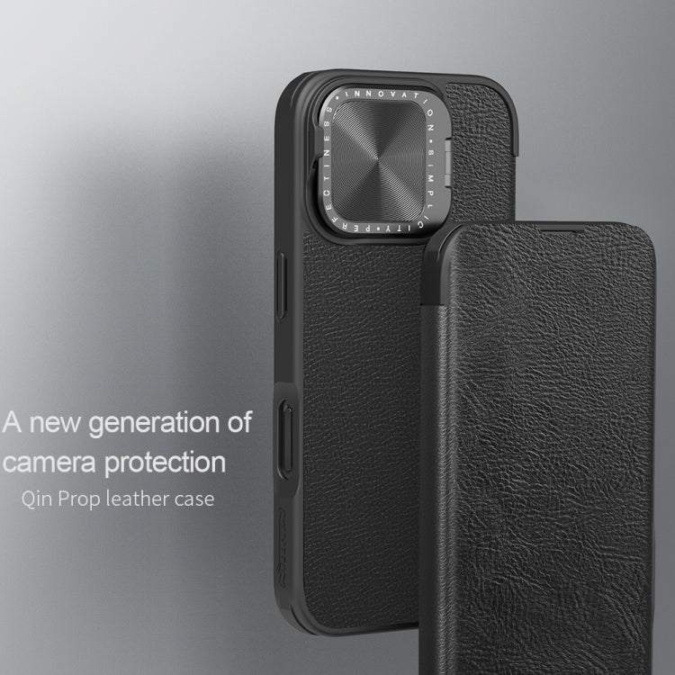 For iPhone 16 NILLKIN Qin Prop Series Flip Camera Cover Design Leather Phone Case(Plain Leather Black)