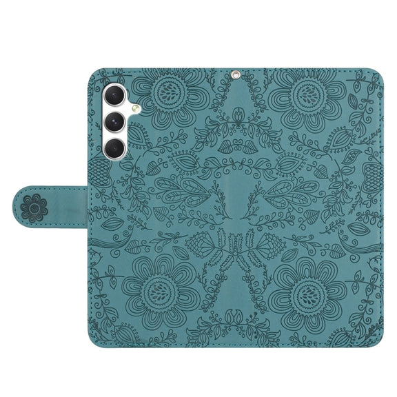 For Samsung Galaxy S25 5G Floral Embossed Pattern Leather Phone Case(Dark Green)