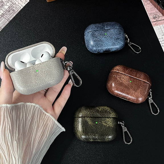 For AirPods Pro 2 Retro Oil Leather Bluetooth Earphones Protective Case(Army Green)