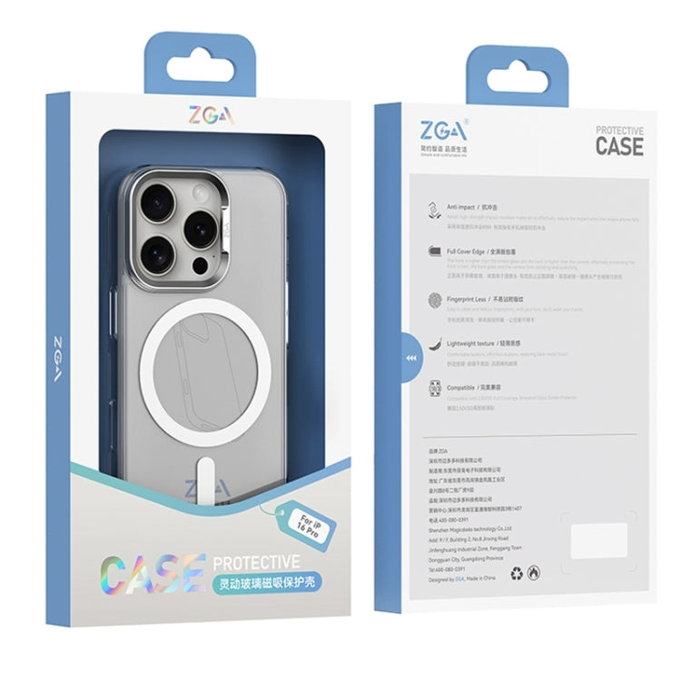 For iPhone 16 Pro Max ZGA Magsafe Clear PC Tempered Glass Phone Case(Frosted White)