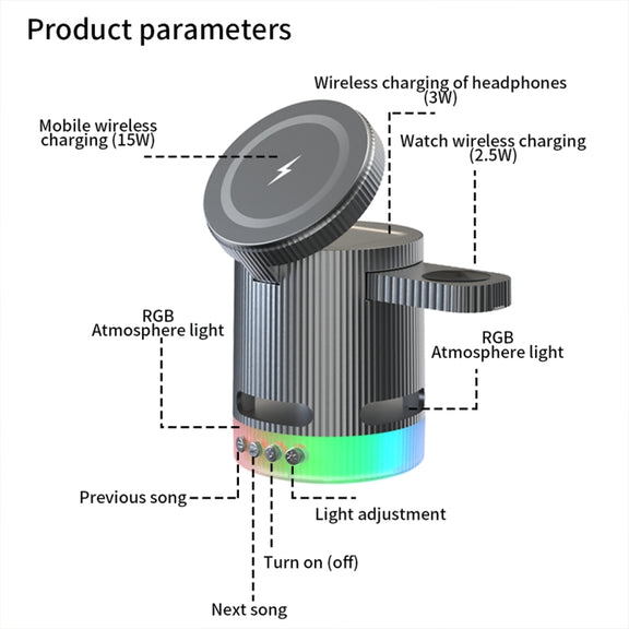 H61 15W 4 in 1 Multifunctional Foldable Wireless Charger Bluetooth Speaker(Black)