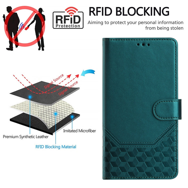 For Samsung Galaxy S25 5G Honeycomb Embossing RFID Leather Phone Case(Peacock Green) - Galaxy S25 5G Cases by PMC Jewellery | Online Shopping South Africa | PMC Jewellery | Buy Now Pay Later Mobicred