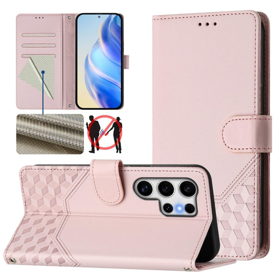 For Samsung Galaxy S25 Ultra 5G Honeycomb Embossing RFID Leather Phone Case(Pink)
