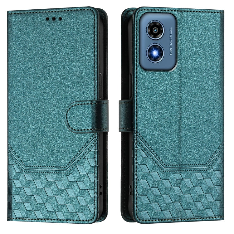 For Motorola Moto G Play 4G 2024 Oversea Honeycomb Embossing RFID Leather Phone Case(Peacock Green)
