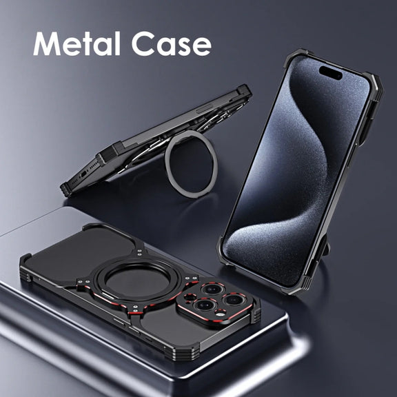For iPhone 16 Pro Max Mechanical Arm Borderless MagSafe Holder Metal Phone Case(Black Silver)