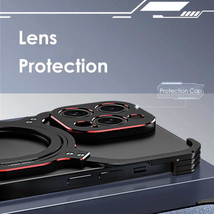 For iPhone 16 Pro Max Mechanical Arm Borderless MagSafe Holder Metal Phone Case(Black Blue)