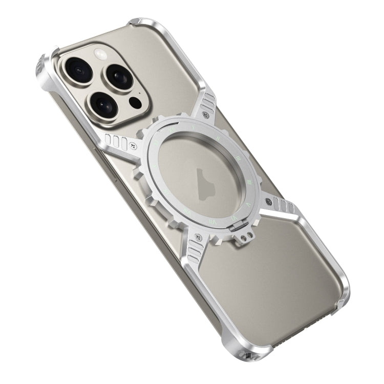For iPhone 16 Pro Mechanical Gear MagSafe Holder Borderless Metal Phone Case(Silver)