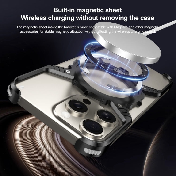 For iPhone 16 Pro Max Mechanical Gear MagSafe Holder Borderless Metal Phone Case(Silver)