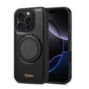 For iPhone 16 Pro Max Denior A17 Genuine Leather Gear Magnetic Holder Phone Case(Black)