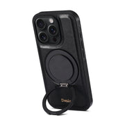 For iPhone 16 Pro Max Denior A17 Genuine Leather Gear Magnetic Holder Phone Case(Black)