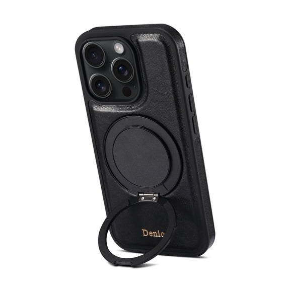For iPhone 16 Pro Max Denior A17 Genuine Leather Gear Magnetic Holder Phone Case(Black)
