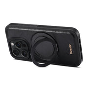 For iPhone 16 Pro Max Denior A17 Genuine Leather Gear Magnetic Holder Phone Case(Black)