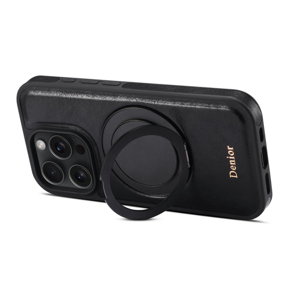 For iPhone 16 Pro Max Denior A17 Genuine Leather Gear Magnetic Holder Phone Case(Black)