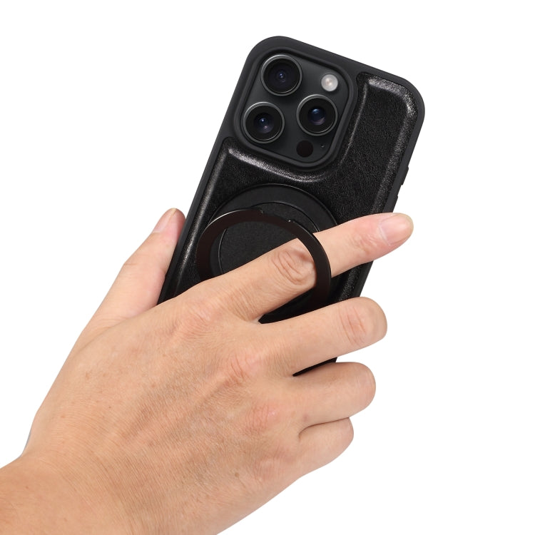 For iPhone 16 Pro Max Denior A17 Genuine Leather Gear Magnetic Holder Phone Case(Black)