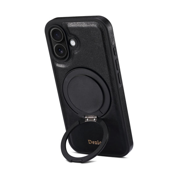 For iPhone 16 Denior A17 Genuine Leather Gear Magnetic Holder Phone Case(Black)