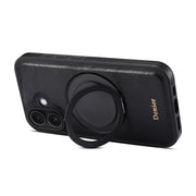 For iPhone 16 Denior A17 Genuine Leather Gear Magnetic Holder Phone Case(Black)