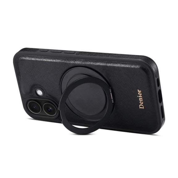 For iPhone 16 Denior A17 Genuine Leather Gear Magnetic Holder Phone Case(Black)
