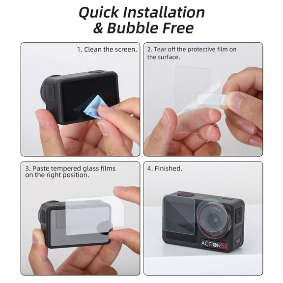 For DJI Osmo Action 5 Pro Sunnylife 3 in 1 Lens Protector Front and Rear Screen Tempered Glass Films, Quantity:1 + 1 + 1 Sets