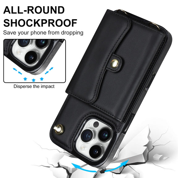 For iPhone 16 Pro Max RFID Card Slot Phone Case with Long Lanyard(Black)