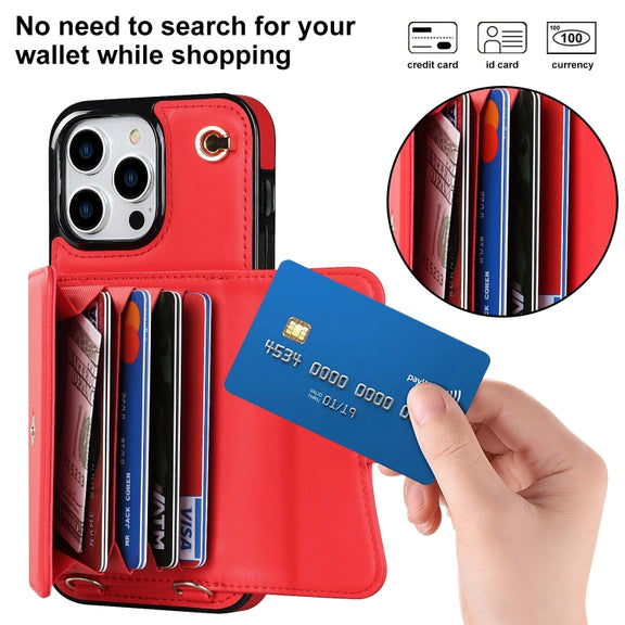 For iPhone 16 Pro Max RFID Card Slot Phone Case with Long Lanyard(Red)