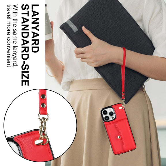 For iPhone 16 Pro Max RFID Card Slot Phone Case with Long Lanyard(Red)
