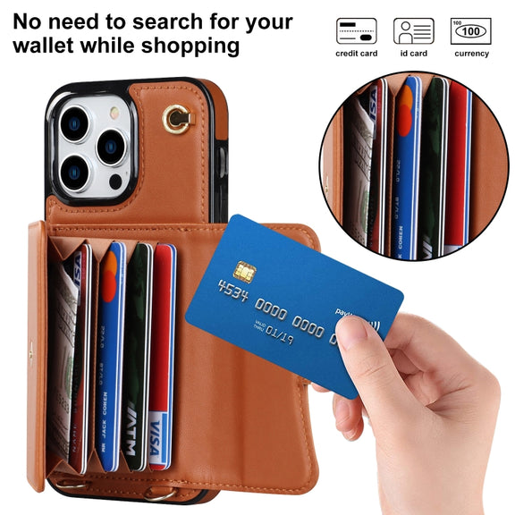 For iPhone 16 Pro Max RFID Card Slot Phone Case with Long Lanyard(Brown)