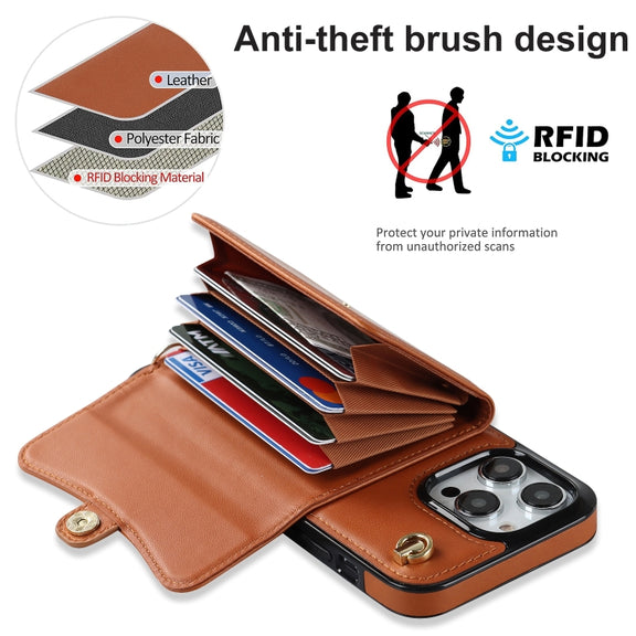 For iPhone 16 Pro Max RFID Card Slot Phone Case with Long Lanyard(Brown)