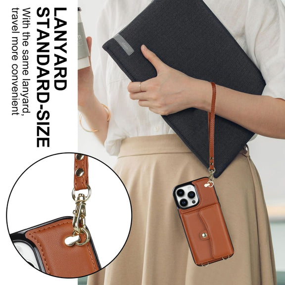 For iPhone 16 Pro Max RFID Card Slot Phone Case with Long Lanyard(Brown)