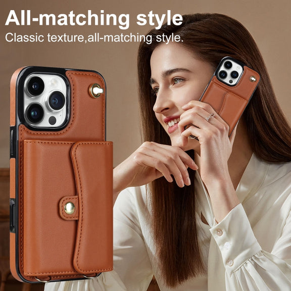For iPhone 16 Pro Max RFID Card Slot Phone Case with Long Lanyard(Brown)