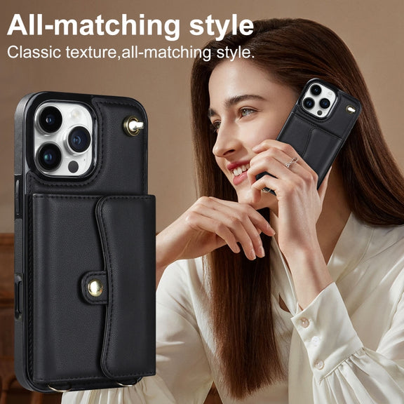 For iPhone 16 Pro RFID Card Slot Phone Case with Long Lanyard(Black)