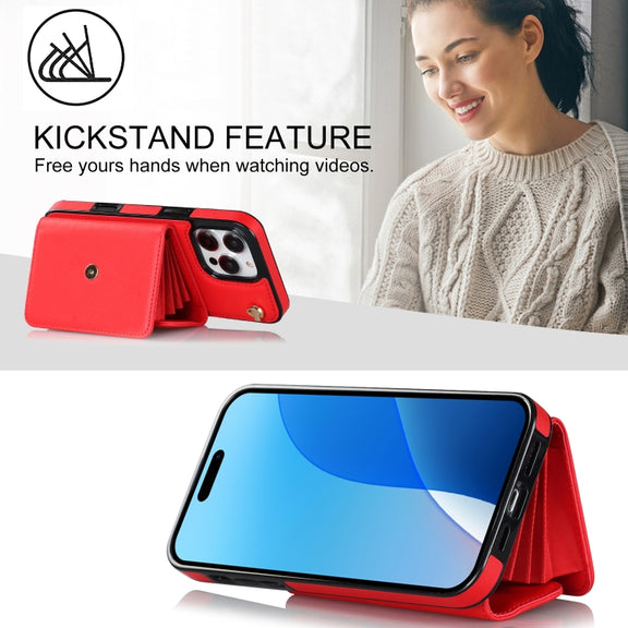 For iPhone 16 Pro RFID Card Slot Phone Case with Long Lanyard(Red)