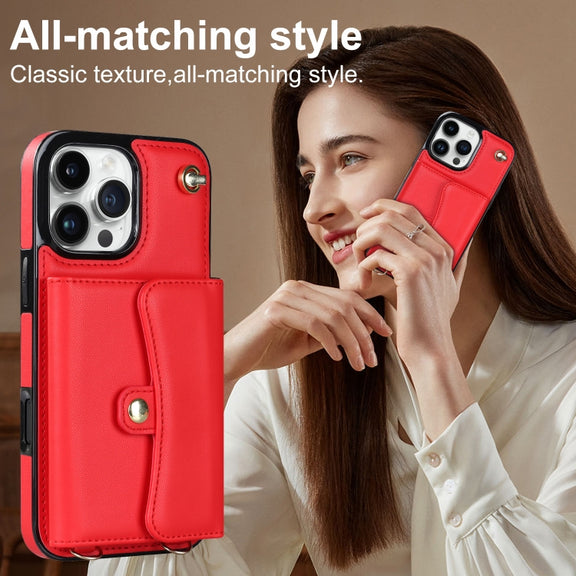 For iPhone 16 Pro RFID Card Slot Phone Case with Long Lanyard(Red)