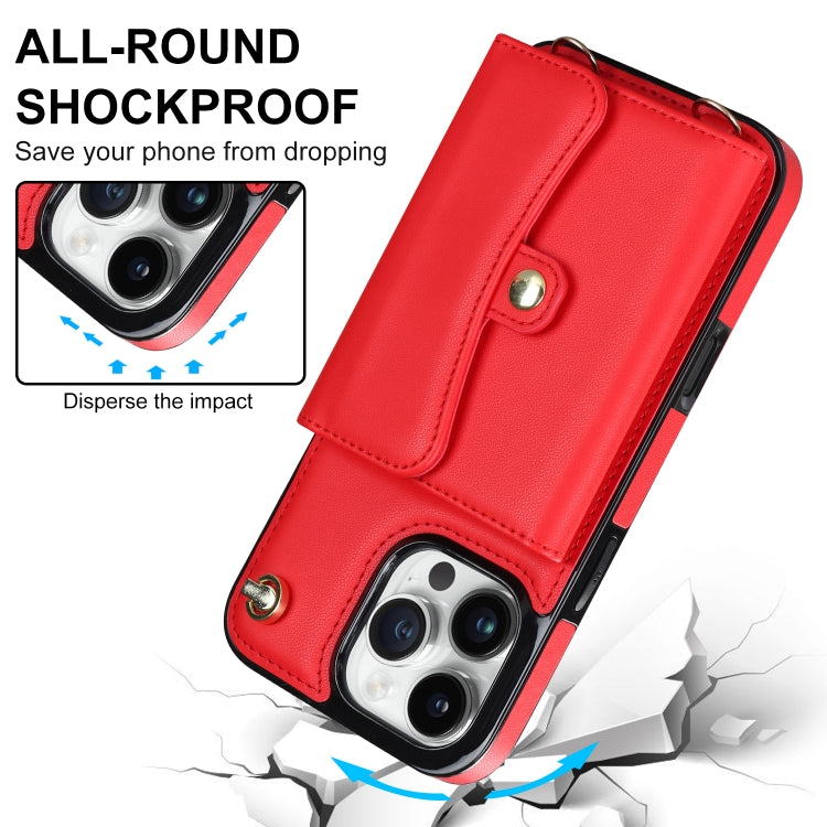 For iPhone 16 Pro RFID Card Slot Phone Case with Long Lanyard(Red)