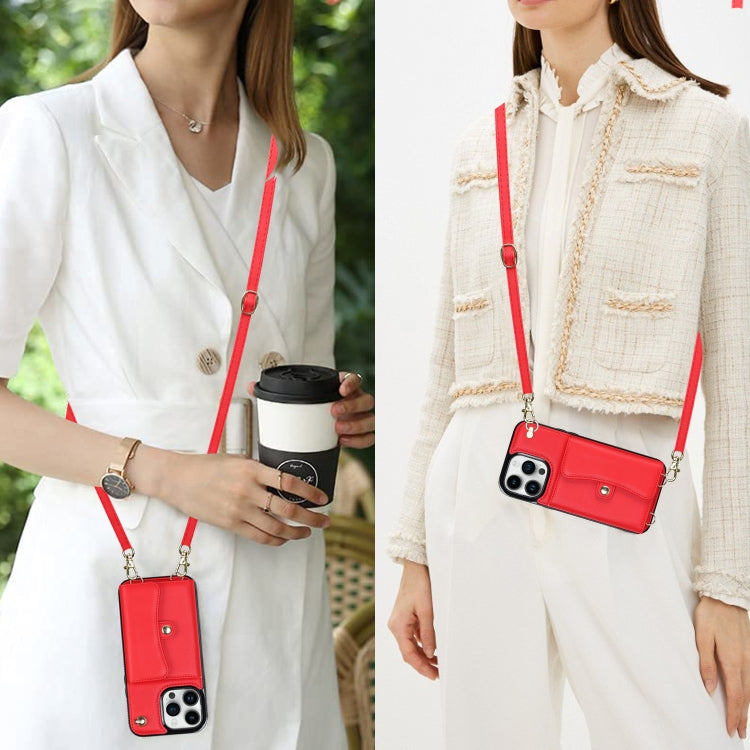 For iPhone 16 Pro RFID Card Slot Phone Case with Long Lanyard(Red)