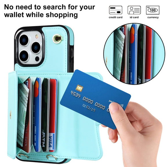 For iPhone 16 Pro RFID Card Slot Phone Case with Long Lanyard(Mint Green)