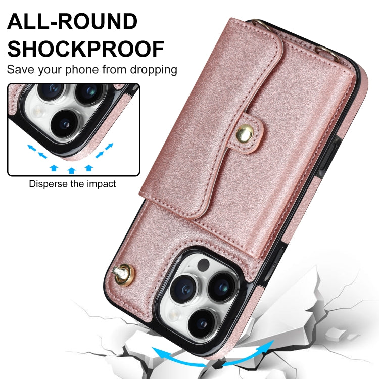 For iPhone 16 Pro RFID Card Slot Phone Case with Long Lanyard(Rose Gold)