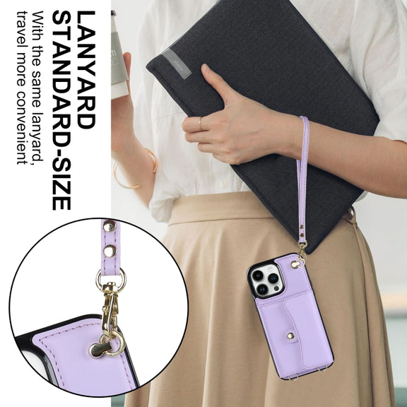 For iPhone 16 Pro RFID Card Slot Phone Case with Long Lanyard(Purple)