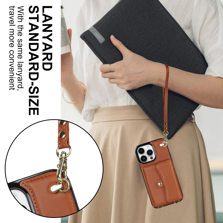 For iPhone 16 Pro RFID Card Slot Phone Case with Long Lanyard(Brown)
