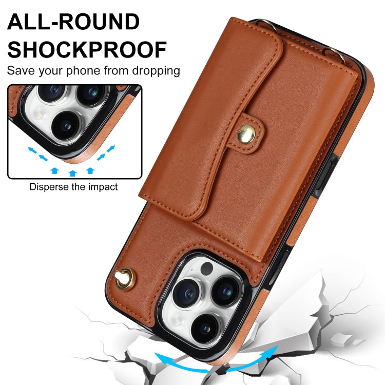 For iPhone 16 Pro RFID Card Slot Phone Case with Long Lanyard(Brown)