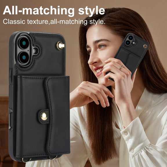 For iPhone 16 Plus RFID Card Slot Phone Case with Long Lanyard(Black)