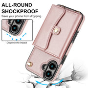 For iPhone 16 Plus RFID Card Slot Phone Case with Long Lanyard(Rose Gold)