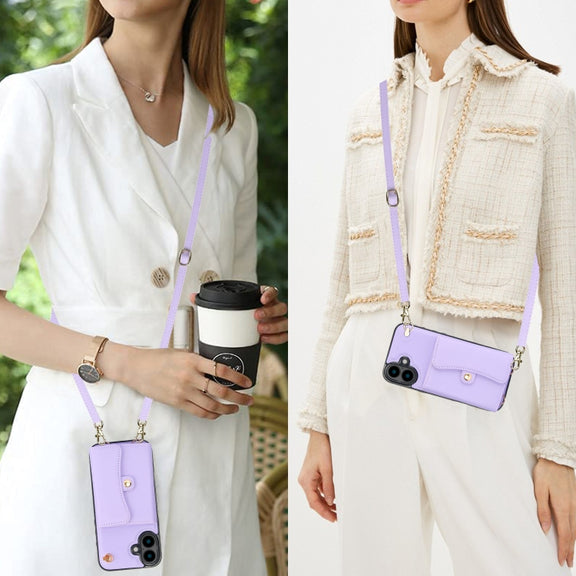 For iPhone 16 Plus RFID Card Slot Phone Case with Long Lanyard(Purple)
