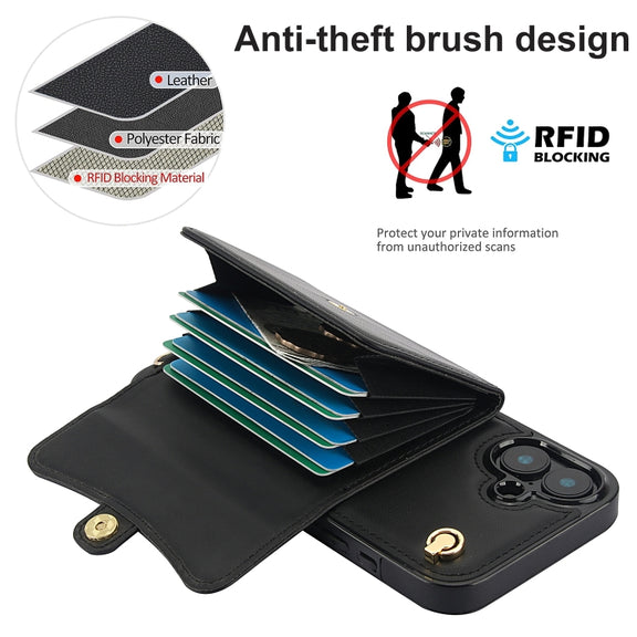 For iPhone 16 RFID Card Slot Phone Case with Long Lanyard(Black)