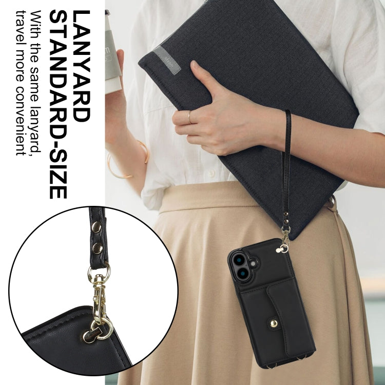 For iPhone 16 RFID Card Slot Phone Case with Long Lanyard(Black)