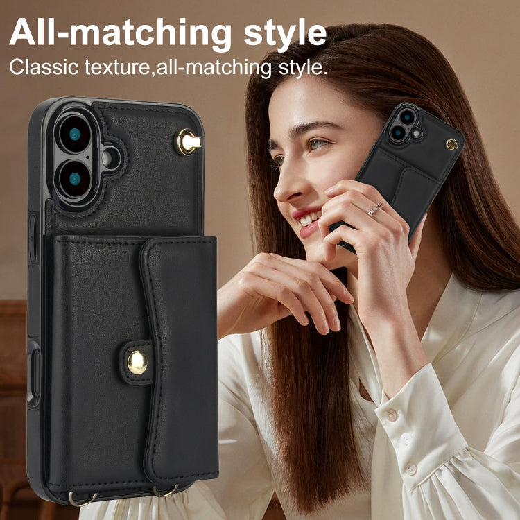 For iPhone 16 RFID Card Slot Phone Case with Long Lanyard(Black)
